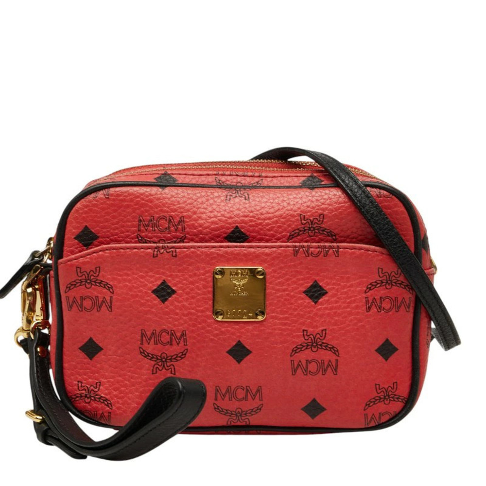 MCM Visetos Monogram Crossbody Shoulder Bag Camera Pink Black Leather